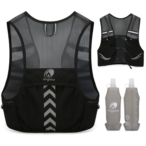 Outplea Chaleco para correr con 2 botellas de agua de 500 ml, mochila ligera para correr para hombre y mujer, mochila de hidratación para correr, maratón, accesorios, negro/L