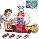 Charmofun City Loopingbahn Feuerwache Spielset, Spielzeugauto Trackset mit 4 Feuerwehrautos, 3 Parkplätze, Hebbarer Strecke und Licht-Sound-Effekte, Schleuder Schienen Geeignet für Kinder ab 4 Jahren