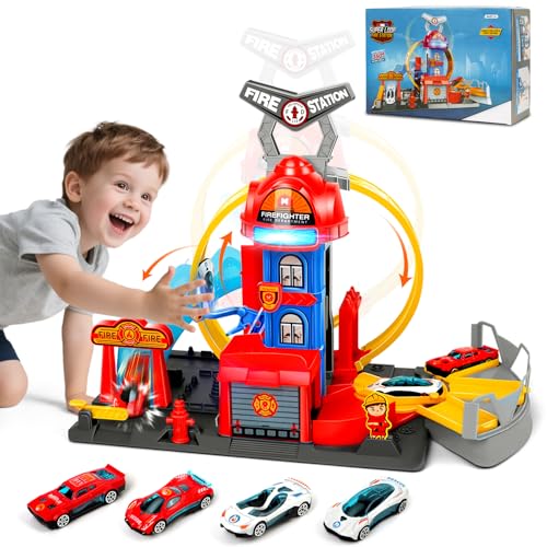 Charmofun City Pista Looping Estación de Bomberos, Set Pista Coches Juguete con 4 Coches, 3 Plazas de Aparcamiento, Circuito Elevable y Efectos de Luz y Sonido, Pistas con Lanzador para Niños 4+ Años