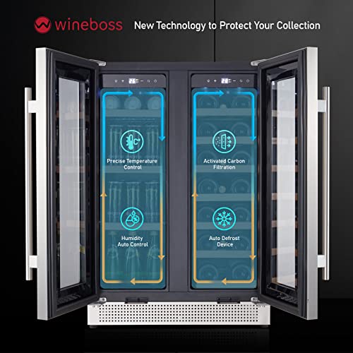 Wineboss 24" Wine And Beverage Refrigerator Dual Zone 18 Bottles And 57 Cans 24 Inch Wine Cooler Under Counter Wine Cellar Beverage Fridge Built In Freestanding With Glass Door For Beer Soda Drink Bar #TOP2