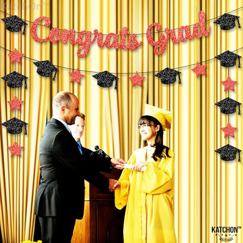 Image of Graduation Decorations 2026 | Glitter Congrats Grad Banner Red and Black - 10 Feet | Black and Red Graduation Banner | Grad Cap Garland for Grad Decorations Class of 2026, KatchOn