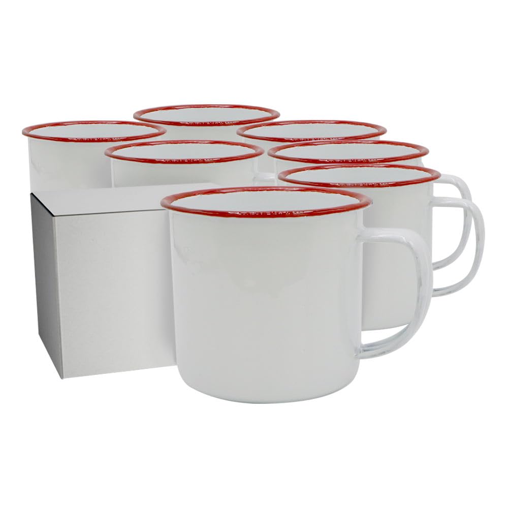 Lot de 12 tasses à sublimation en métal avec anse | Bord rouge | Capacité de 350 ml | Qualité AA | Boîte individuelle avec chaque tasse | By Club Nautique