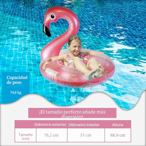 Miniatura 6 de Aro Salvavidas Con Lentejuelas De Flamenco, Boya Salvavidas, Flotador Hinchable Con Forma De Flamenco, Color Rosa Brillante, Colchón De Aire Para Piscina, Anillo Hinchable, Para Adultos Y Niños