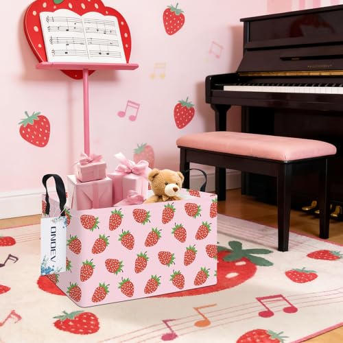 Image of Rectangular Strawberry Laundry Storage Bin for Adults and Kids | Damp resistant canvas fabric, sturdy stitched carry handles, foldable design organizes closet and playroom daily supplies