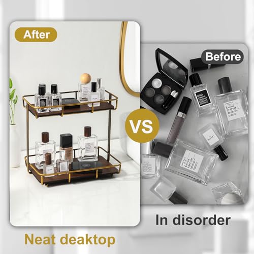 Bathroom Organizer Countertop Perfume Organizer Makeup Organizer Cosmetics Storage Display Rack Vanity Tray Dresser Stainless Steel Gold Shelf Wooden Tray