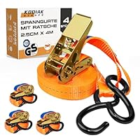 4 Stück Spanngurte 4m x 800kg mit Ratsche und S-Haken - 25mm Zurrgurte mit Ratsche - Orange Ratschengurt für Ladungssicherung - TÜV/GS geprüft nach DIN EN 12195-2 - KODIAK STRAPS