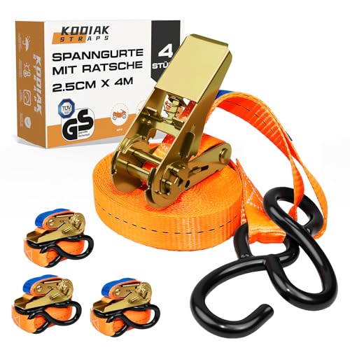 4 Cinghie di Tensione 4m x 800kg con Cricchetto e Ganci a S - Cinghie a Cricchetto da 25mm - Cinghia Arancione per la Sicurezza del Carico - Certificato TÜV/GS e secondo DIN EN 12195-2 - KODIAK STRAPS