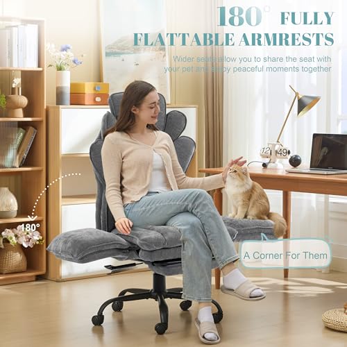 Image of Flip Armrests Criss Cross Office Chair, Reclining Office Chair with Foot Rest, Adjustable Headrest, Massage Waist Pillow, Cross Legged Big and Tall Desk Chair Wide Seat Vanity Chair, Grey Fabric