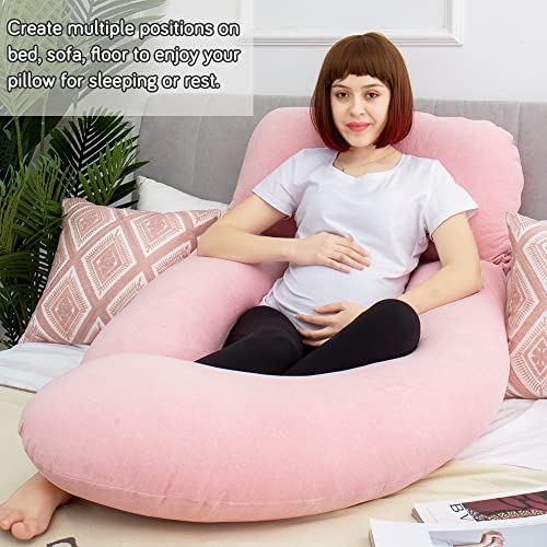 Image of 60in Full Body Pillow | Nursing, Maternity and Pregnancy Pillow | Extra Large U Shape Pillows with Detachable Side, Separate Support Pillow and Removable Cover Velvet (Light Pink)