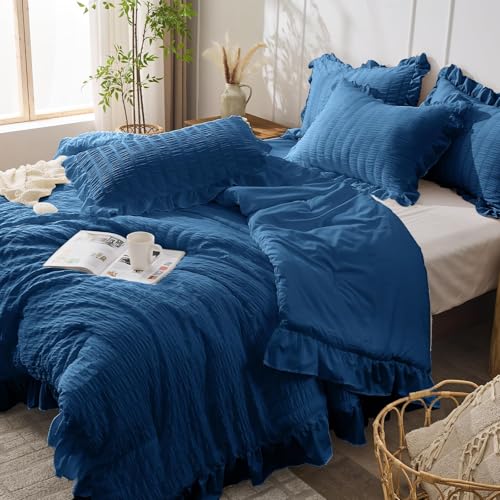 JOLLYVOGUE Teal Queen Comforter Set, 3 Pieces Seersucker Comforters Queen Size, Lightweight & Fluffy Bedding Sets Queen for All Season with 1 Ruffle Comforter and 2 Ruffle Pillowshams