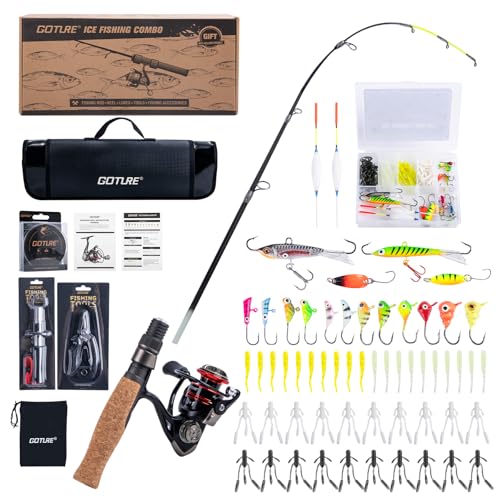 Goture Ice Fishing Rod and Reel Combo with Carry Bag 24Medium Spinning Ice Fishing Pole 58Pcs Jigs & Lures with Storage Box Line Fish Gripper Pliers for Saltwater Freshwater Trout Walleye A2