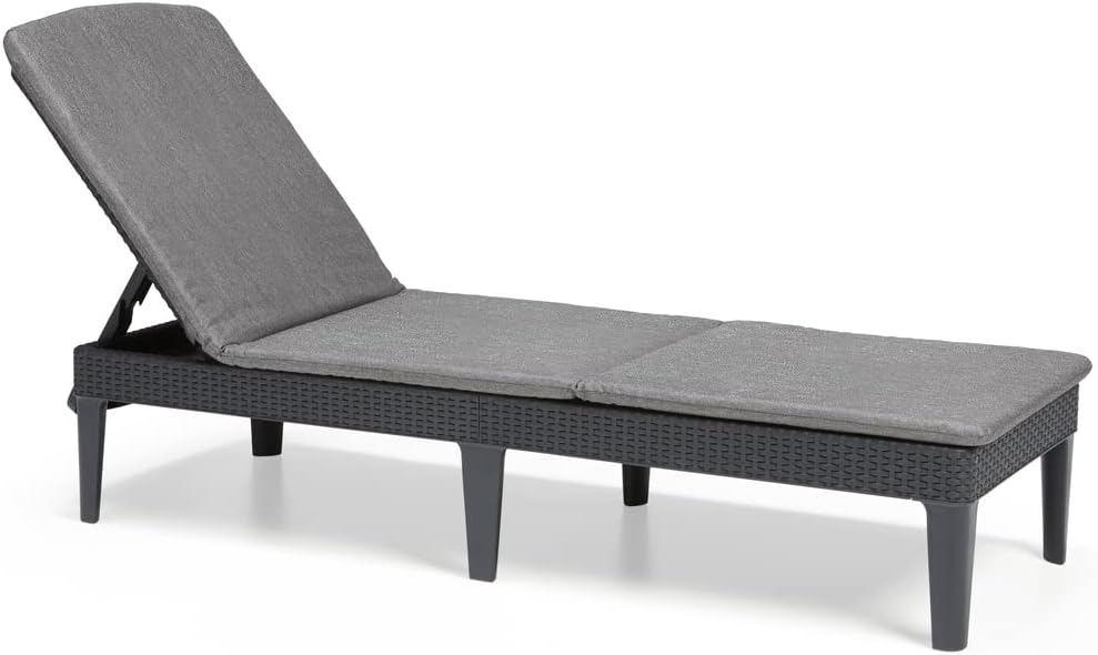 Keter Allibert by Jaipur Garden Sun Lounger with Adjustable Backrest, Folding Garden Lounger, Graphite, Rattan Look Lounger with Cushion, 187 x 58 x 29 cm