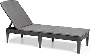 Keter Jaipur Garden Sun Lounger with Adjustable Backrest, Folding Garden Lounger, Grey, Rattan Look Lounger with Cushion, 187 x 58 x 29 cm