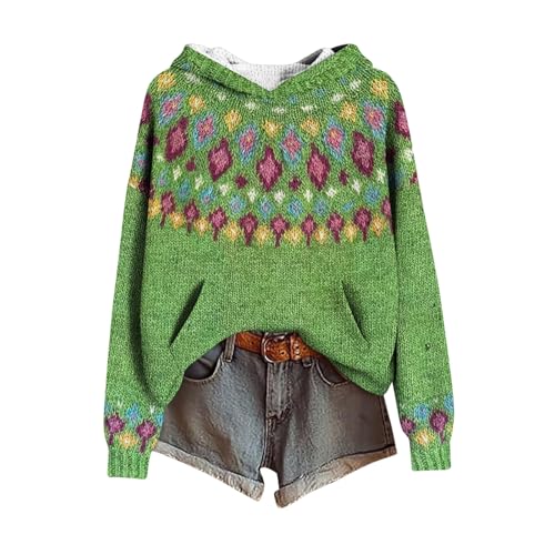 Women's Fair Isle Knit Hoodie Long Sleeve Loose Fit Pullover With Pockets Retro Fall Winter Trendy Casual Sweatshirt Green