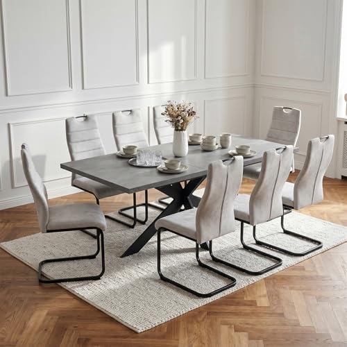 JIEXI Chaises de Salle à Manger Cantilever, Lot de 8, Tissu Anti-Taches Crème, Cadre Métal Noir, 45x59,5x99,5 cm, Style Contemporain