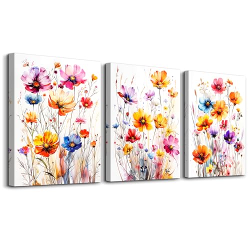 DZRWUBHS Wall Art for Bedroom Wall Decor Living Room Modern Watercolour Floral Decor Flowers Poster Vintage Aesthetic Wildflower Pictures Artwork Canvas Paintings Farmhouse Home Decoration 3 Piece