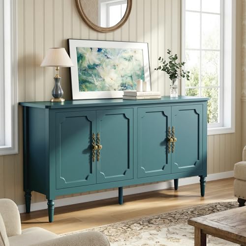Image of FansaFurn 58 inch Large Sideboard Buffet Cabinet for Living Room | Mid Century Credenza Buffet Table with 4 Doors for Coffee Bar, Storage Cabinet for Dining Room, bedroom, Turquoise Blue