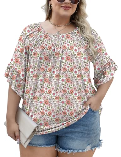 Image of Micoson Womens Plus Size Tops 3 /4 Ruffle Sleeve Crewneck Pleated Shirts