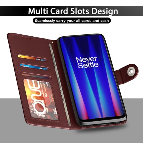 Image of Pikkme Flip Cover for OnePlus Nord CE 2 5G Leather Finish | Inside TPU with Card Pockets | Wallet Stand and Shock Proof | Complete Protection Button Flip Case (Brown)