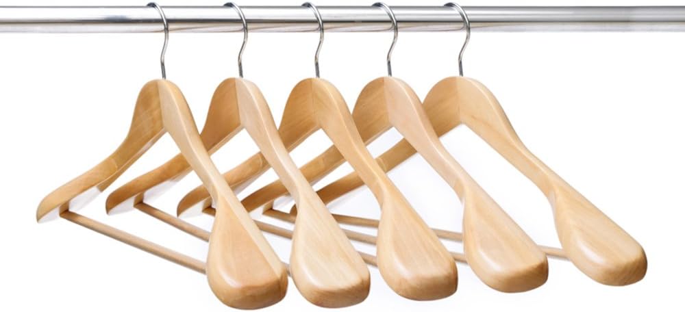 VINUSS Ezihom Wood Suit Hangers with Extra Wide Shoulder, Solid Wood Coat Hangers with Natural Finish, Heavy Duty Wooden Hangers for Suit, Coat, Jacket with Non Slip Bar, 360 Swivel Chrome Hook, 5pcs