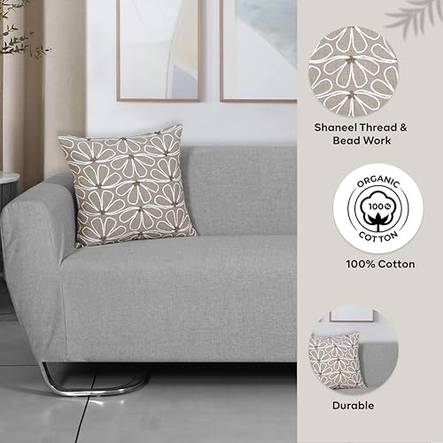 Image of ODE & CLEO Cotton Chambray Cushion Covers 18 inch X 18 inch with Zip Closure, Shaneel Thread & Bead Work Embroidery, Pillow Cover for Sofa, Living Room, Bed or Home Decor, Set of 2