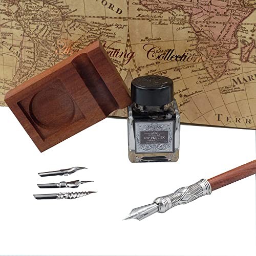 Gc Antique Wooden Stem Pen Handcrafted Calligraphy Pen Set Dip Nib Pens-Writing Case With Black Ink Pen Wooden Holder Cartridges Ll-182 #TOP1