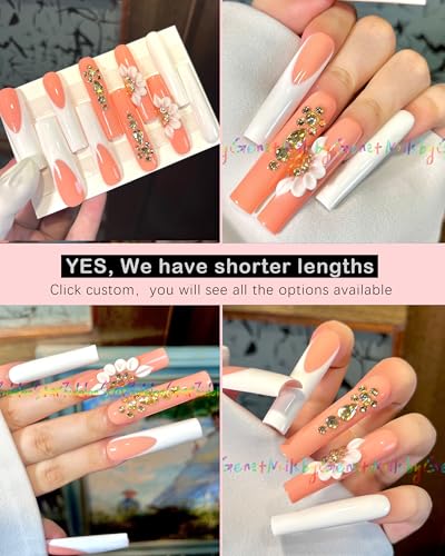 HAND-PAINTED White False Nails Set Coffin Press on Nails Pressons Kit Medium Length Stick on Nails Shoot Nail Art Short Nails with Nail Glue on Nails Square, Long Almond Nail (K1, Medium)