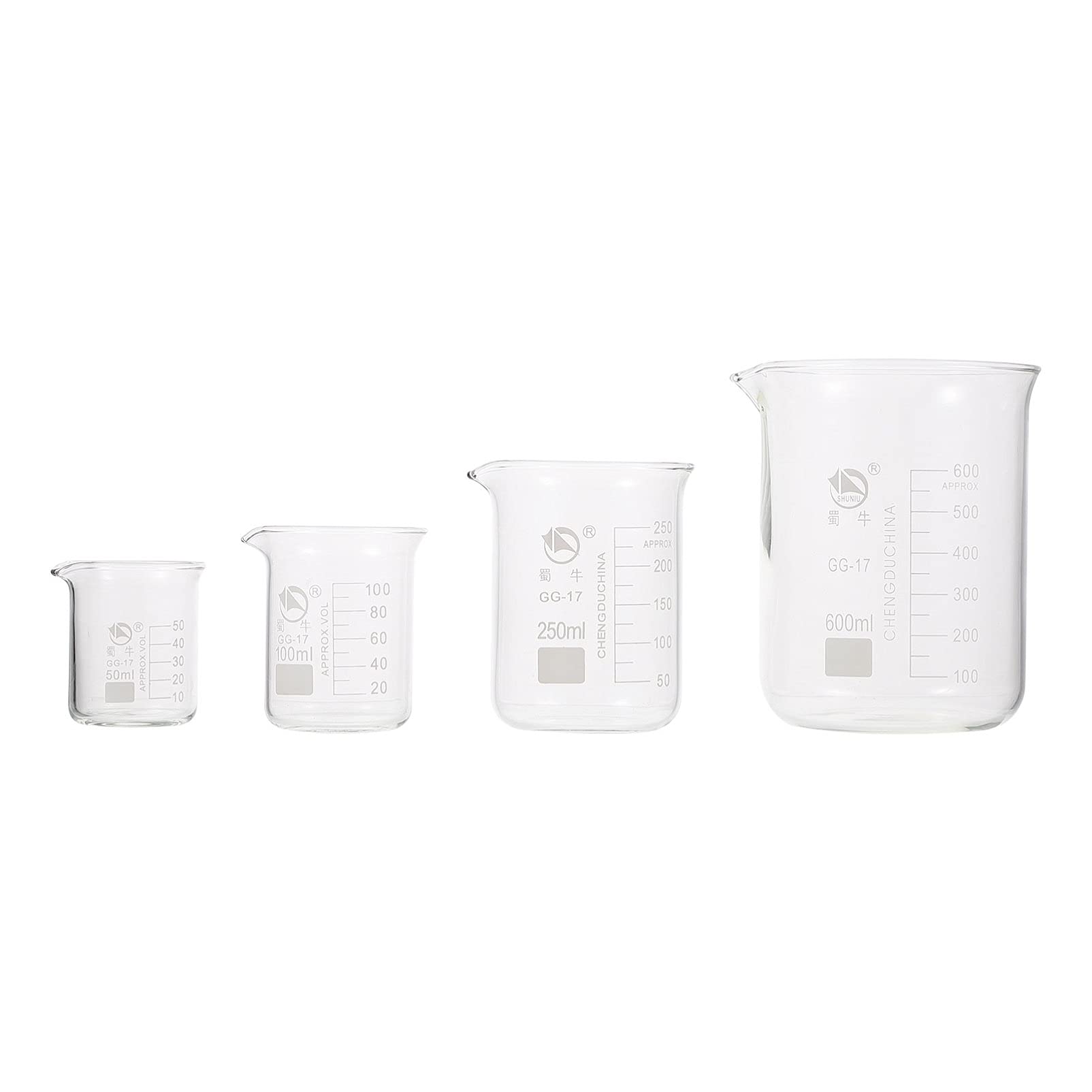 Plastikowe probówki testowe, Zestaw 4 szklanych zlewek miarowych Szklane zlewki miarowe o niskim kształcie z wylewką 50 ml 100 ml 250 ml 600 ml Laboratoryjne urządzenie pomiarowe