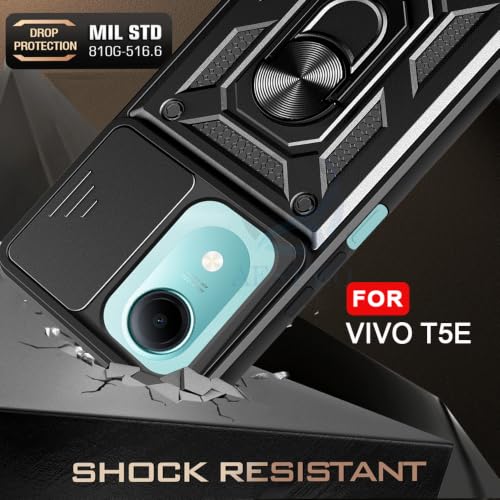Image of AESTMO Tough Armor Vivo T5E Bumper Back Case Cover | Ring Holder & Sliding Camera Shield Cover | 360 Degree Protection Back Case Cover for Vivo T5E (Black)