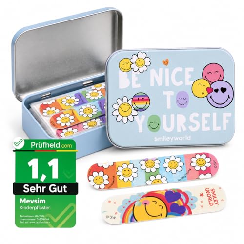 [ Test SEHR GUT Note 1.1 *] Smiley Kinderpflaster Lizensiertes Produkt - Metall-Box - 24 Pflaster - Schönes Design Pflaster Aufbewahrungsbox für Kinder - Geeignet für Rucksack - Handtasche