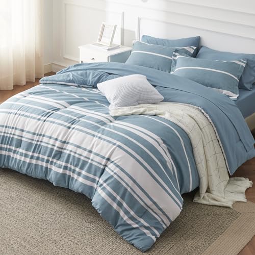 Image of Bedsure Twin Comforter Set 5 Pieces, Grey Blue Striped Bedding Set for All Seasons, Reversible, Cationic Dyeing Bed in a Bag with Comforter, Sheets, Pillowcase & Sham