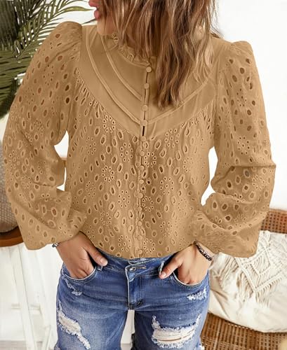 BETTE BOUTIK Women's Long Short Sleeve Tops 2025 Dressy Casual Button Hollow Out Lace Embroidered Blouses Shirts