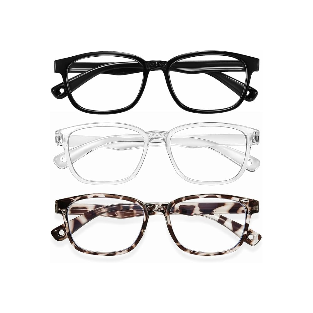 Okany Blue Light Glasses for Kids 3 Pack Anti Glare & Eye Strain Glasses Computer TV Phone Tablets UV Protection Glasses for Kids Boys Girls Age 3-10 (Black + Transparent + Leopard)