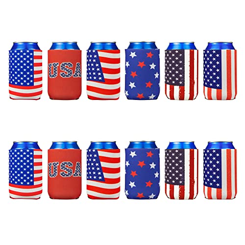 12 PCS Can Cooler Sleeves - American Flag Soda Beer Drink Coolies - Insulated Collapsible Cooler Holder to Glass or Bottle for American Independence Day, National Day (Mixed Pack)