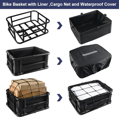 Rear Rack Bike Basket, Large Rear Bike Basket with Liners & Cargo Net & 2 Rain Covers, Heavy Duty Metal Bicycle Basket for Bicycle, Ebike, Electric Bike by LYHZLBAY - Used condition - Image 2