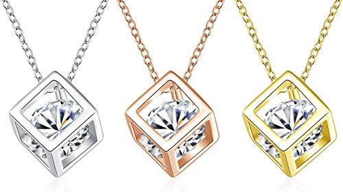 LuxeLife 3 Pack Cube 3D Square Necklace Pendants and Chains in Silver, Gold and Rose Gold Womens Fashion