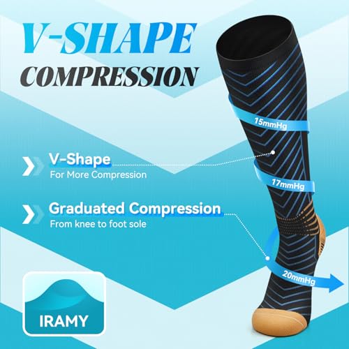 IRAMY Copper Compression Socks for Men Women 15-20 mmHg Ankle Support V-Shape Gradient Compression Coolmax Wicking Knee High Socks2