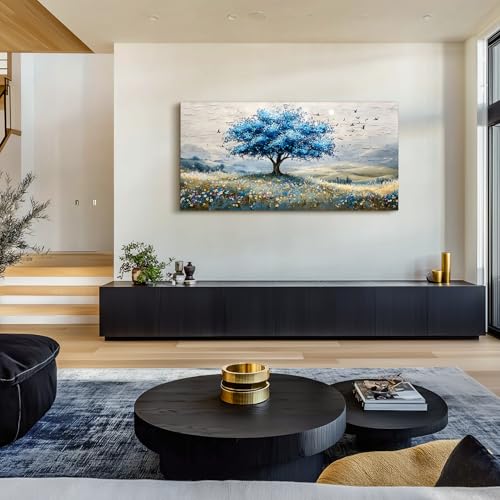 SERIMINO Tree of Life Large Wall Art, Country Landscape Canvas Art Prints, Blue Tree Nature Artwork for Walls, Modern Wall Pictures for Living Room Bedroom Dining Room, Rustic Farmhouse Decor 24"X48"