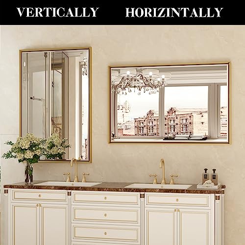 Queenfun 22X30 Brushed Brass Gold Bathroom Mirror Rectangle Modern Vanity Mirror, Aluminum Alloy Metal Frame Wall Mounted Mirror Beveled Edge Modern French Cleat Hanger Mirror(Horizontal/Vertical) #TOP7