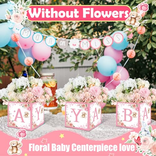 Image of Bucherry 6 Pcs Baby Shower Centerpieces with Letters, 7 inch Baby Blocks Flower Boxes for Table Decorations, Gender Reveal Party Supplies & Photo Props(Pink,Pink Bear)