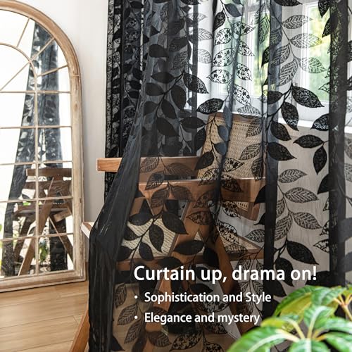 Image of Treatmentex Lace Black Sheer Curtains for Bedroom Living Room Studio 84inch Long Elegant Leaf Embroidered Semi Sheer Curtain Panels for Country Farmhouse Decor 54 inch w 2pcs 7ft