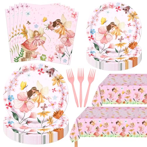 Fairy Birthday Decorations, 98Pcs Garden Party Decorations Fairy Plates and Napkins with Table Cloth for Garden Baby Shower Girl First 2nd Birthday Party Tea Party Serves 24