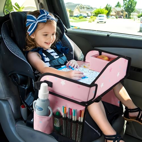 Image of PandaEar Kids Travel Tray for Car Seat, Unicorn Lap Tray for Girls with Tablet Holder, Snack Storage & Cup Holder, Road Trip Table for Toddler Activities Drawing