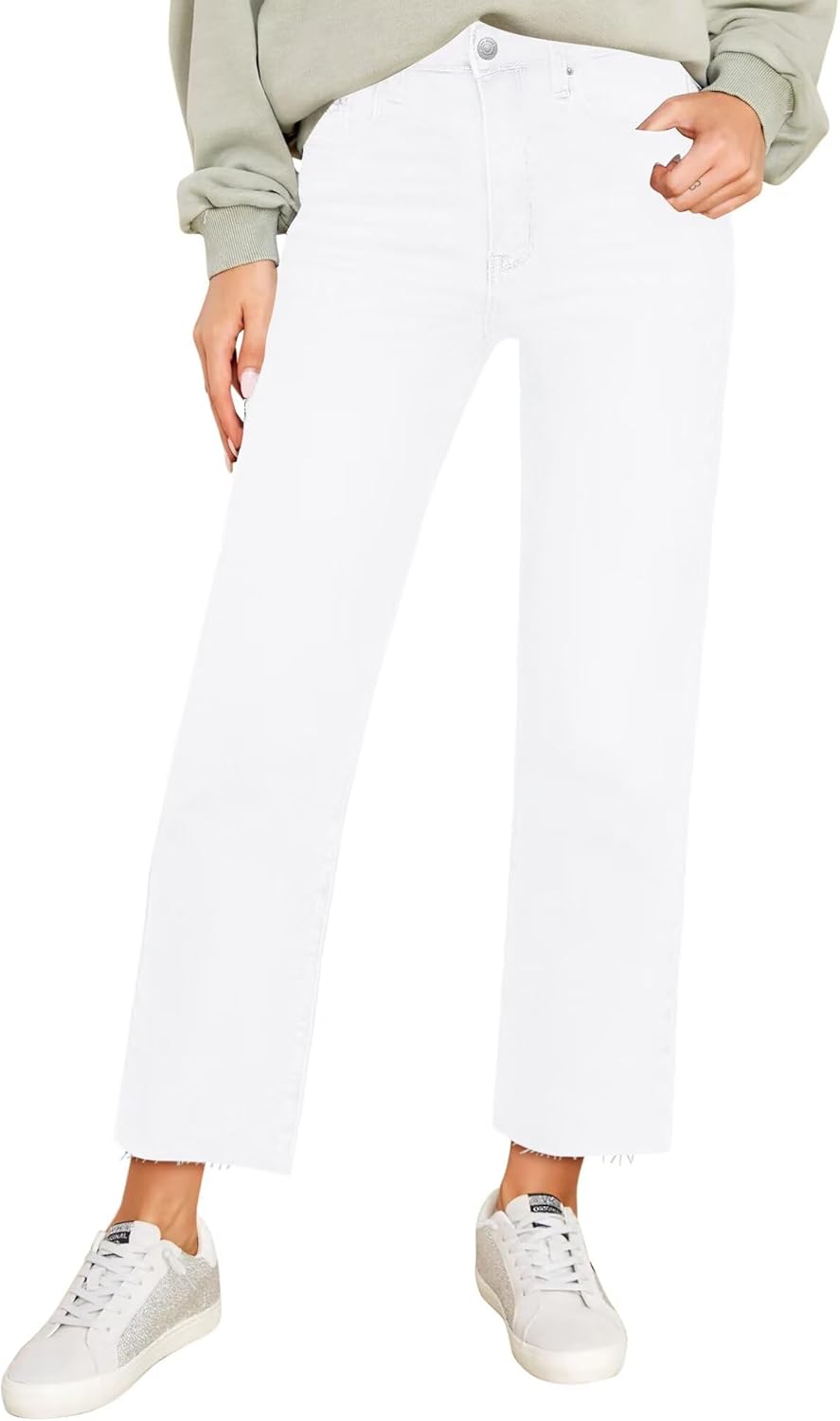 KDF Women's Cropped Straight Leg Jeans - High Waisted Jeans for Women 7/8 Length Denim Pants with Crop Hem White Size 12 - Image 2
