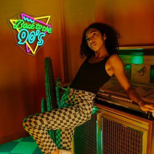 Image of Retro Music Neon Sign Back To The 90's Colorful Vintage LED Neon Light for Party Bar Lounge and 90s Room Wall Decor Retro LED Sign Gifts for Friends DJs and 90s Aesthetic Lovers