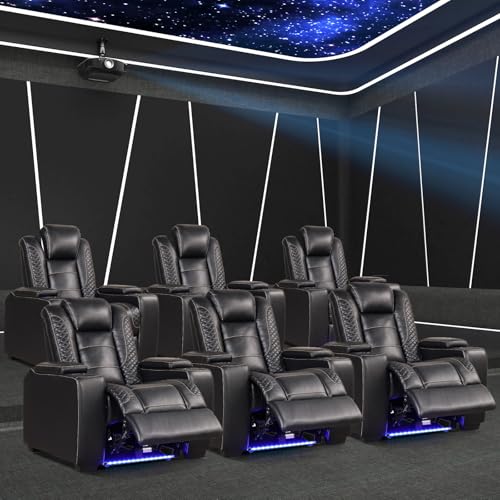 Image of ANJ Power Recliner Chairs Set of 6 for Adults, PU Leather Home Theater Seating with Adjustable Powered Headrest,LED,Storage,USB,Cup Holders,Black