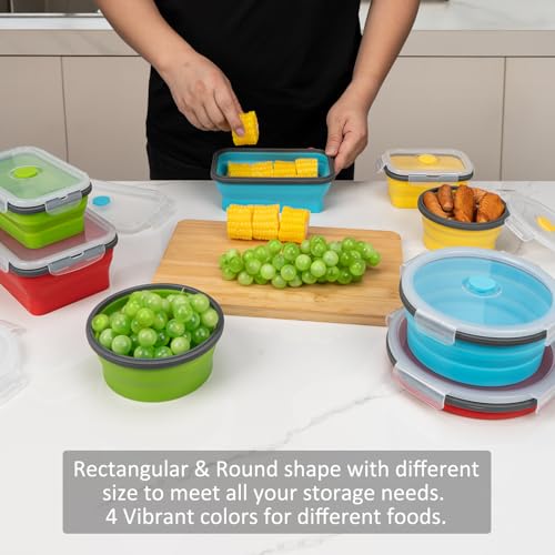 Collapsible Food Storage Containers with Lid & Air Vent, 8 Pack, 4 Rectangular + 4 Round, Annaklin Foldable Silicone Lunch Containers Collapsible Bowls Set, Microwave Freezer Dishwasher Safe, 4 Colors - Image 3