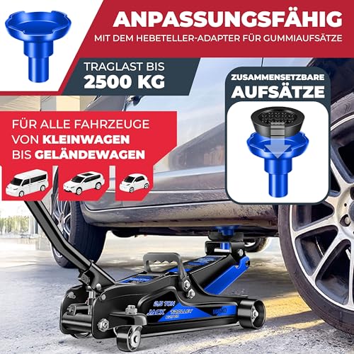 MASKO® Wagenheber hydraulisch 2,5T Flache Hubhöhe 85-360mm 3X Gummiauflage KFZ Rangierwagenheber SUV, 360° Rollen, inkl. Koffer + Handschuhe Rollen Heber Unterstellbock für tiefergelegt bis hoch