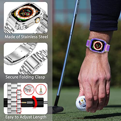 Image of Stainless Steel Band and Case Compatible with Apple Watch Band 49mm | Men Metal Protective Bumper Cover with Straps for iWatch 49mm Series Ultra 3, Ultra 2, Ultra, Multicolor