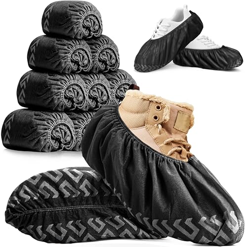 Image of Premium Boot & Shoe Covers Disposable Booties - 100 Pack - Durable, Non-Slip, Non-Toxic, Water Resistant, Recyclable Protectors for Indoor & Outdoor - Large Size Fits Most Shoes